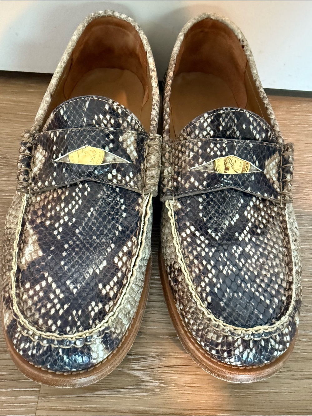 Rhude Brown and Tan Snake-Print Penny Loafers with Gold Accents